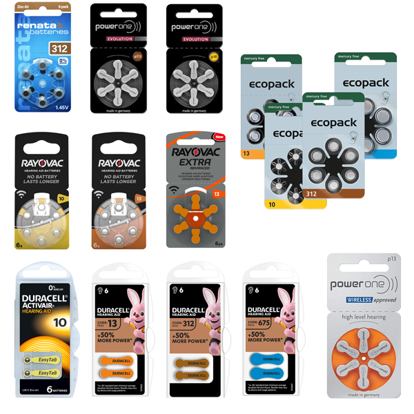 Hörgerätebatterien namhafter Hersteller wie Renata, Rayovac, Varta und Duracell